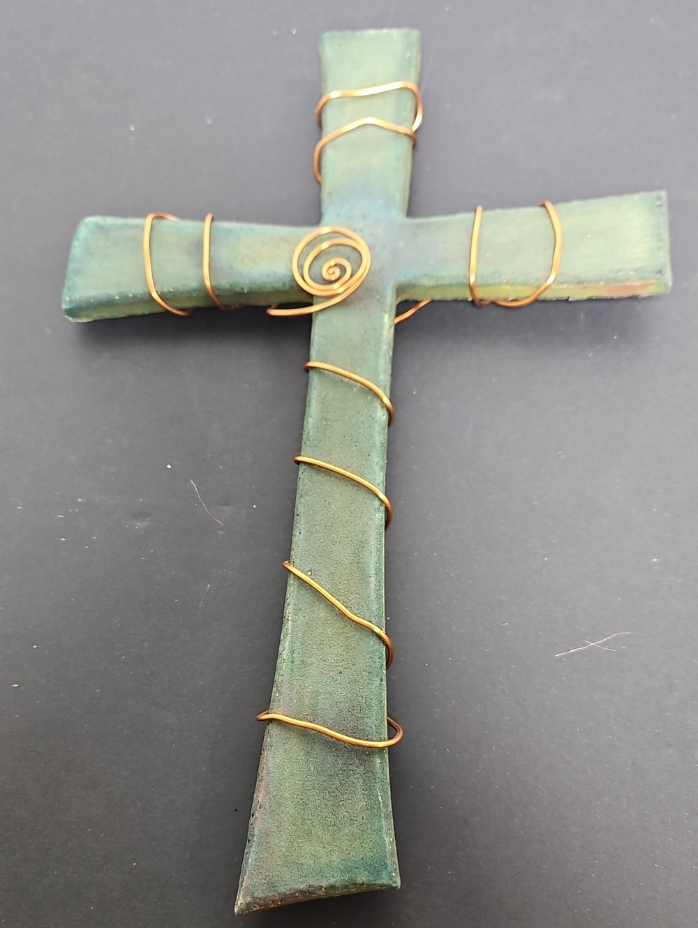 Handmade Raku pottery cross by artist Jeremy Diller